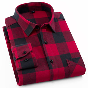 Cotton Casual Plaid Shirts Pocket Long Sleeve Slim Fit