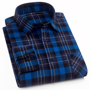 Cotton Casual Plaid Shirts Pocket Long Sleeve Slim Fit