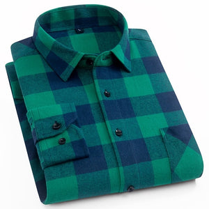 Cotton Casual Plaid Shirts Pocket Long Sleeve Slim Fit