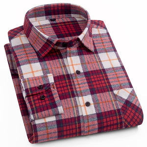 Cotton Casual Plaid Shirts Pocket Long Sleeve Slim Fit