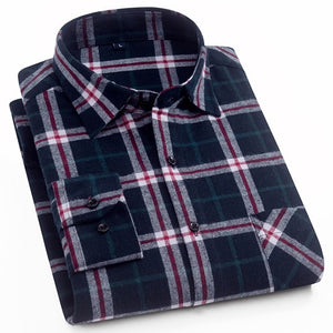 Cotton Casual Plaid Shirts Pocket Long Sleeve Slim Fit