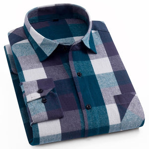 Cotton Casual Plaid Shirts Pocket Long Sleeve Slim Fit