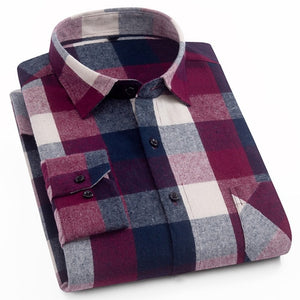 Cotton Casual Plaid Shirts Pocket Long Sleeve Slim Fit