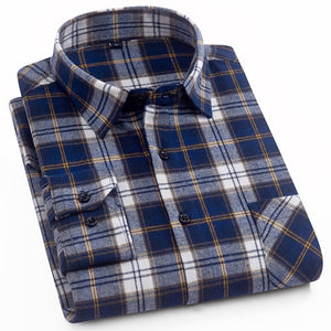 Cotton Casual Plaid Shirts Pocket Long Sleeve Slim Fit