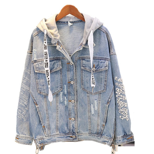 Embroidery Detachable Hood Denim Jacket Women