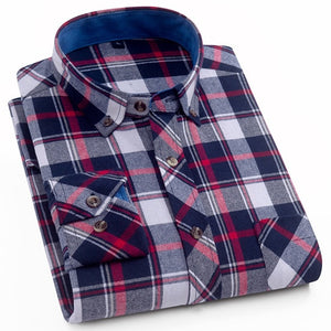 Cotton Casual Plaid Shirts Pocket Long Sleeve Slim Fit